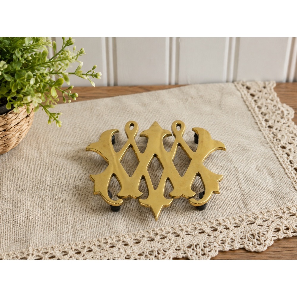Vintage Solid Brass Trivet Ornate Scroll Design Footed Hot Plate Kitchen Decor